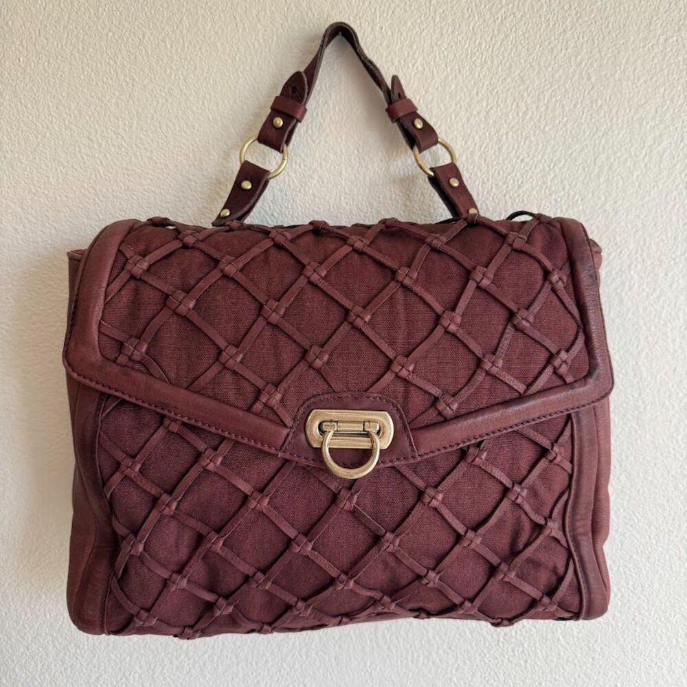 Pour La Victoire Knotted Leather & Canvas Satchel Shoulder Bag in Oxblood & Gold - Picture 2 of 15